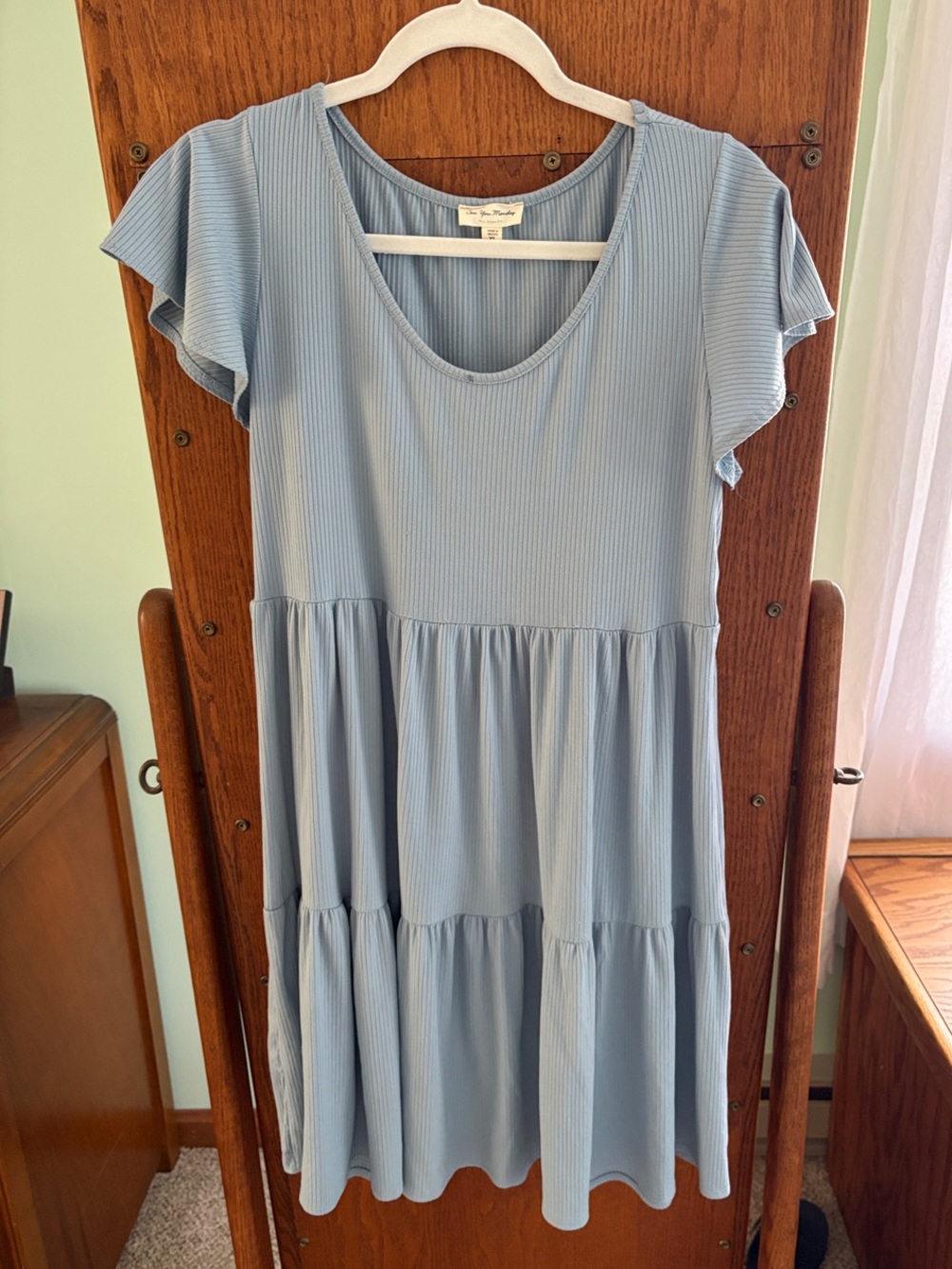 See You Monday Light Blue Tiered Ribbed Short Sleeve Dress